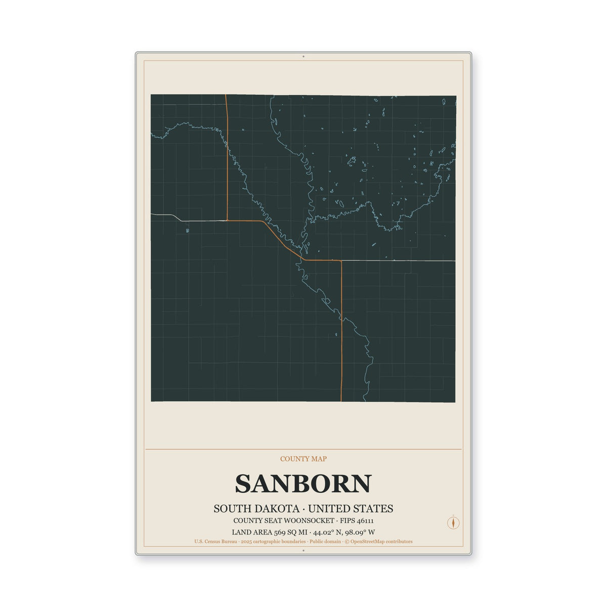 Sanborn County, South Dakota Map Aluminum Sign in Headline Atlas style