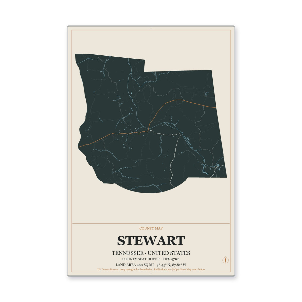 Stewart County, Tennessee Map Aluminum Sign in Headline Atlas style