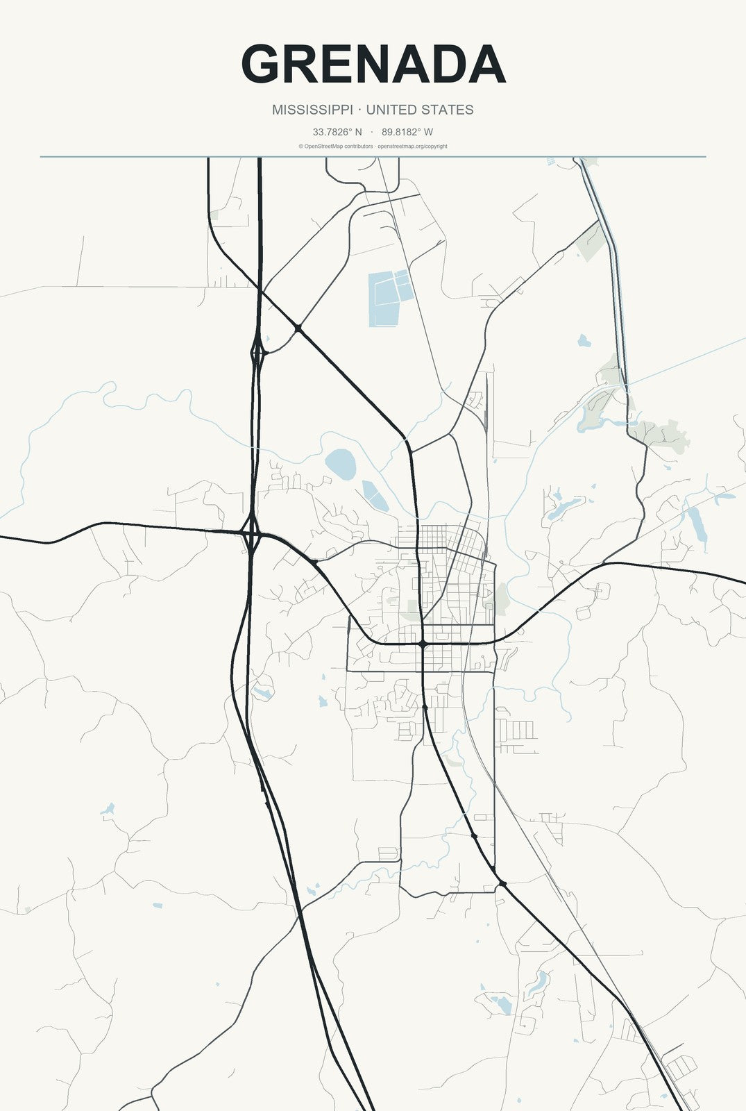 Grenada, Mississippi City Map Aluminum Sign in Headline Atlas style