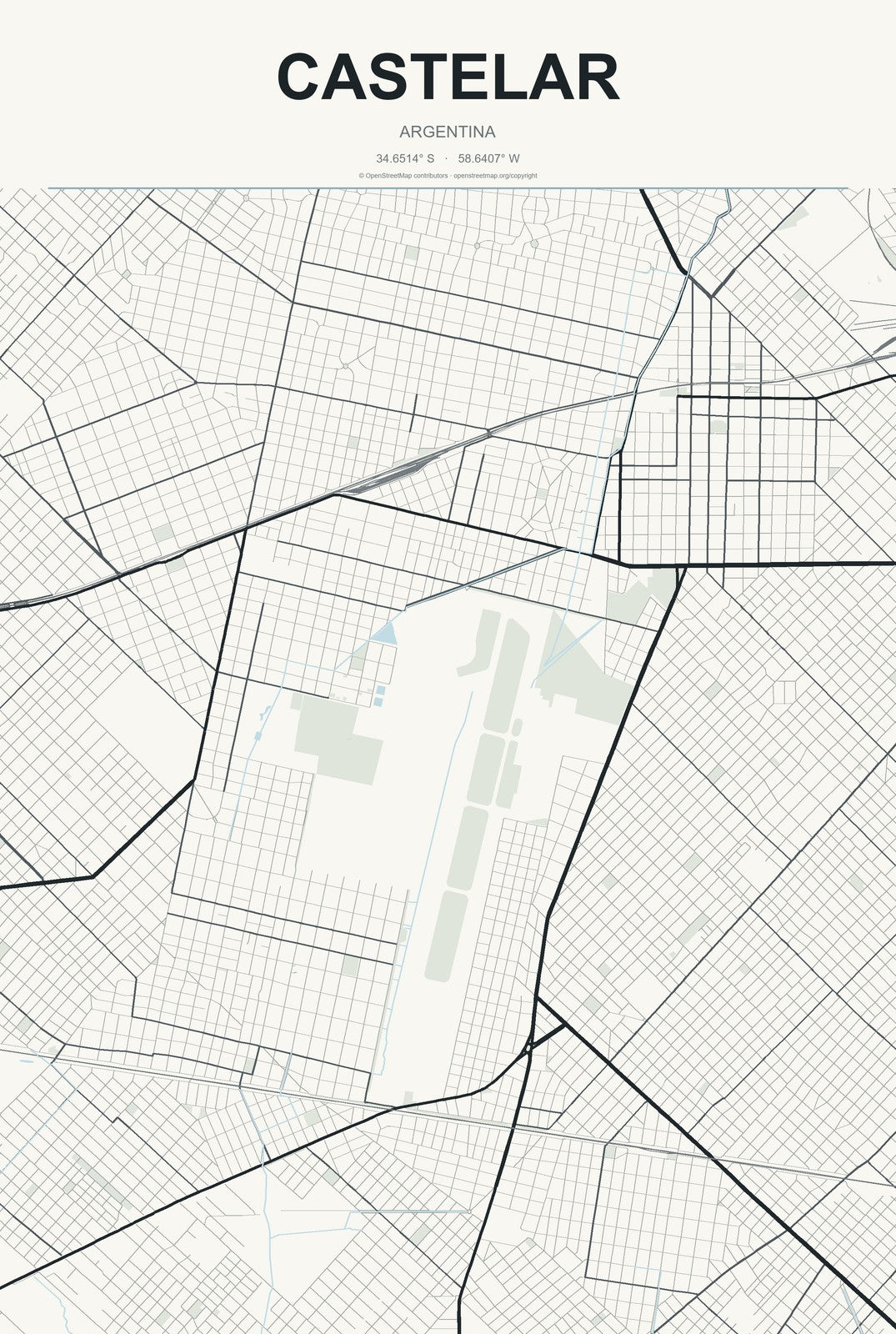 Castelar, Argentina City Map Aluminum Sign in Headline Atlas style