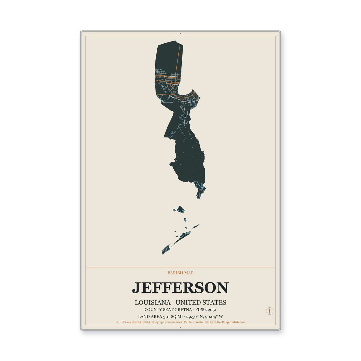 Jefferson Parish, Louisiana Map Aluminum Sign in Headline Atlas style