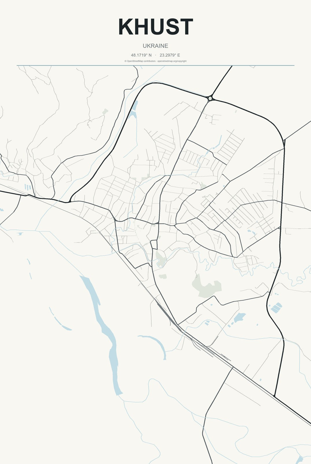 Khust, Ukraine City Map Aluminum Sign in Headline Atlas style