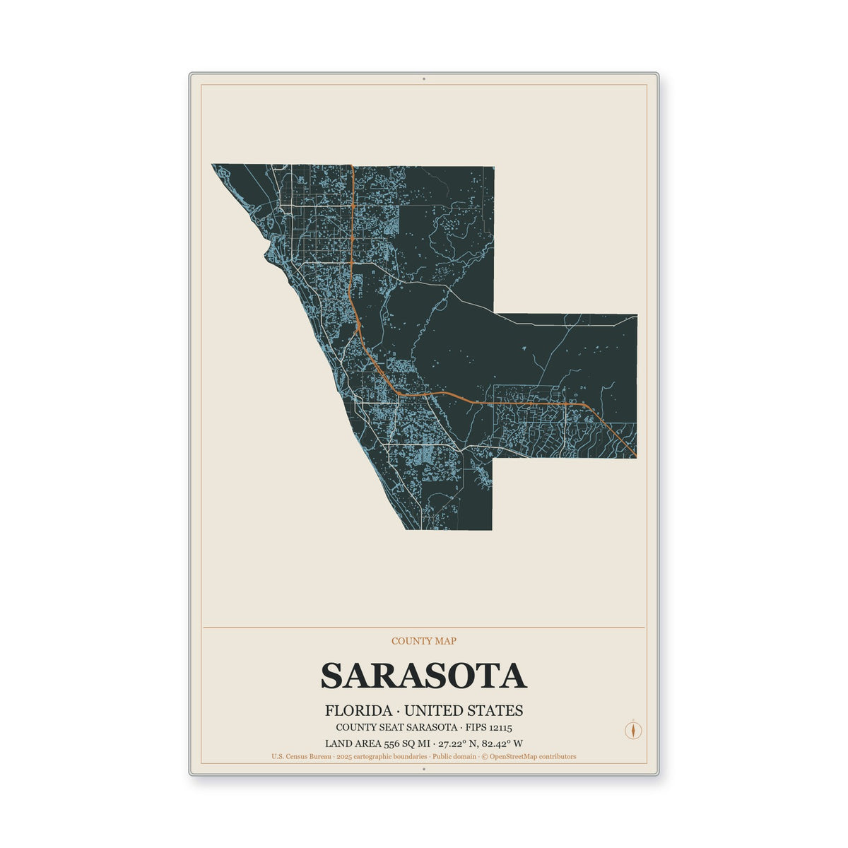 Sarasota County, Florida Map Aluminum Sign in Headline Atlas style