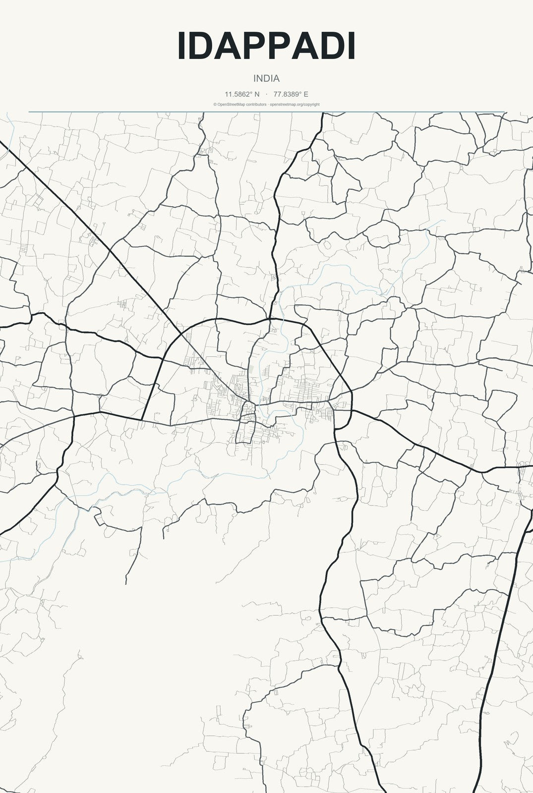 Idappadi, India City Map Aluminum Sign in Headline Atlas style