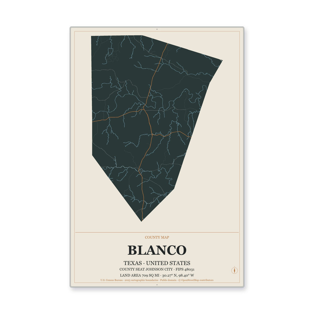Blanco County, Texas Map Aluminum Sign in Headline Atlas style