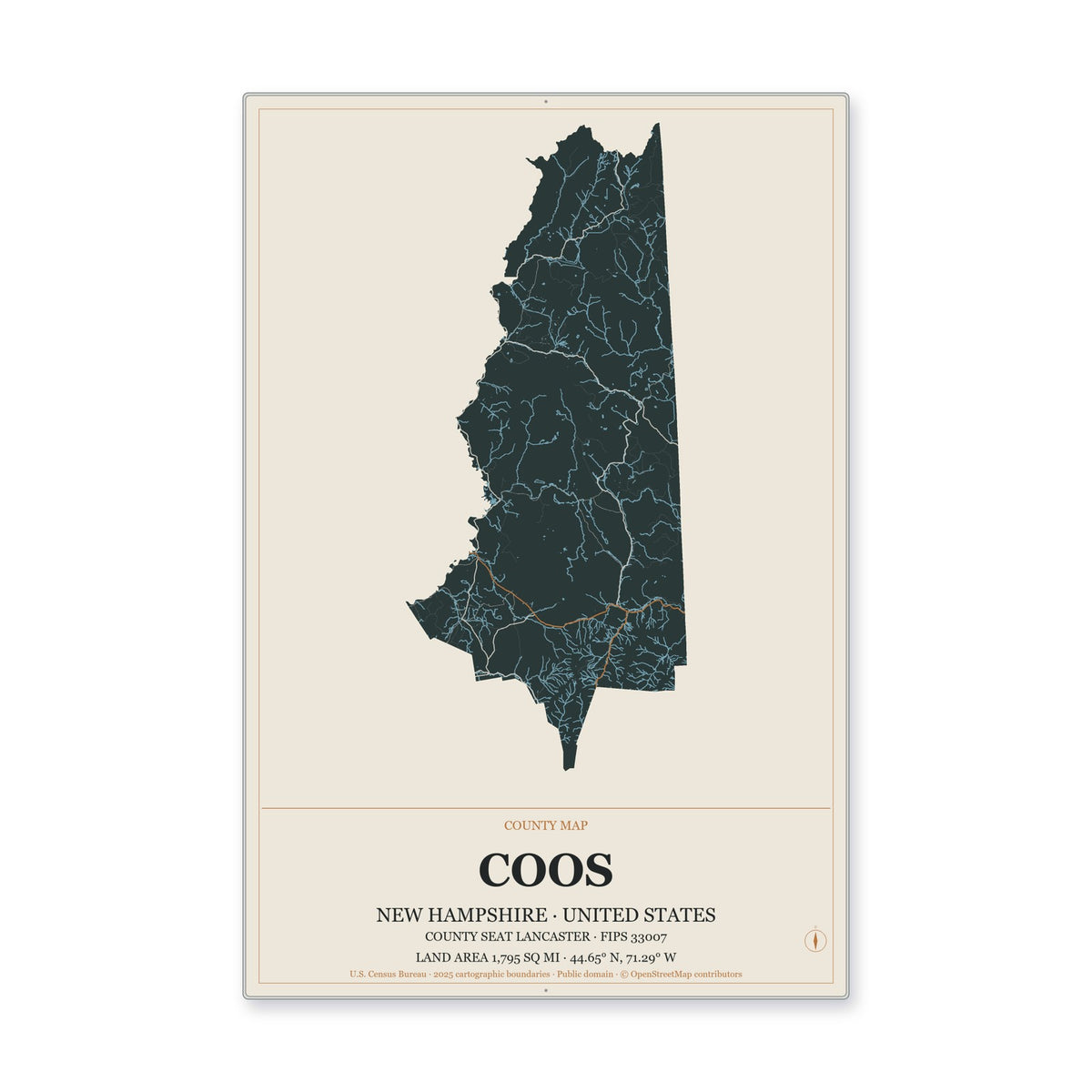 Coos County, New Hampshire Map Aluminum Sign in Headline Atlas style