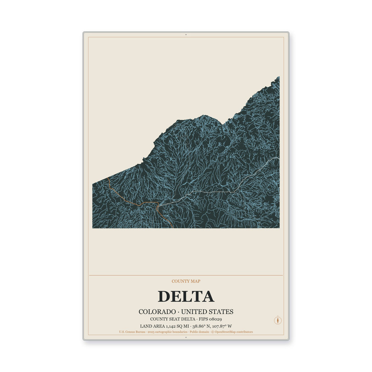 Delta County, Colorado Map Aluminum Sign in Headline Atlas style