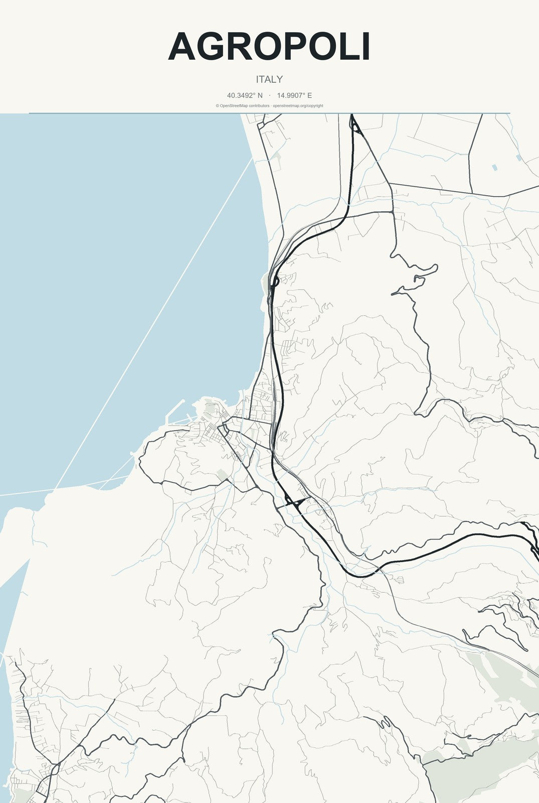 Agropoli, Italy City Map Aluminum Sign in Headline Atlas style