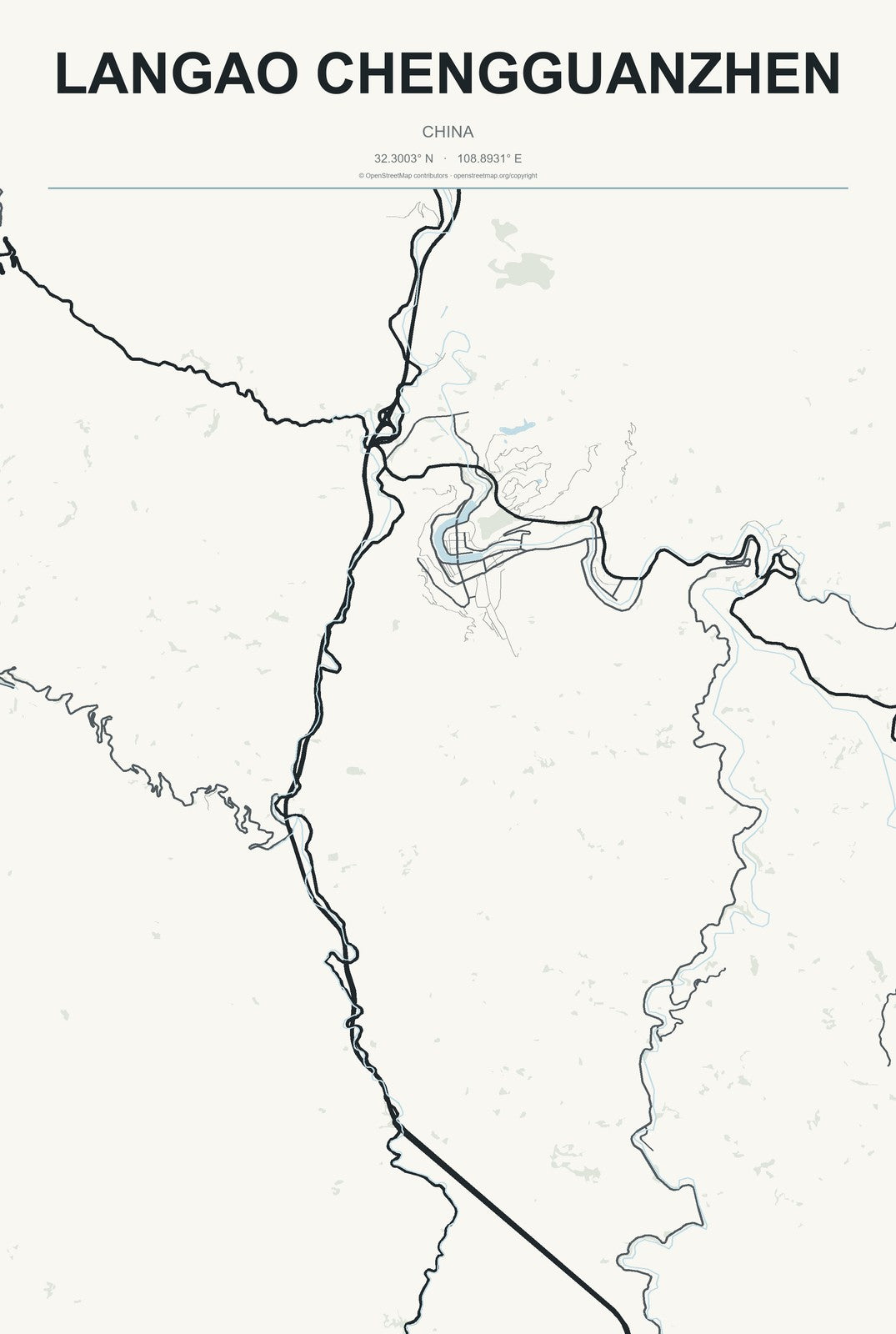 Langao Chengguanzhen, China City Map Aluminum Sign in Headline Atlas style