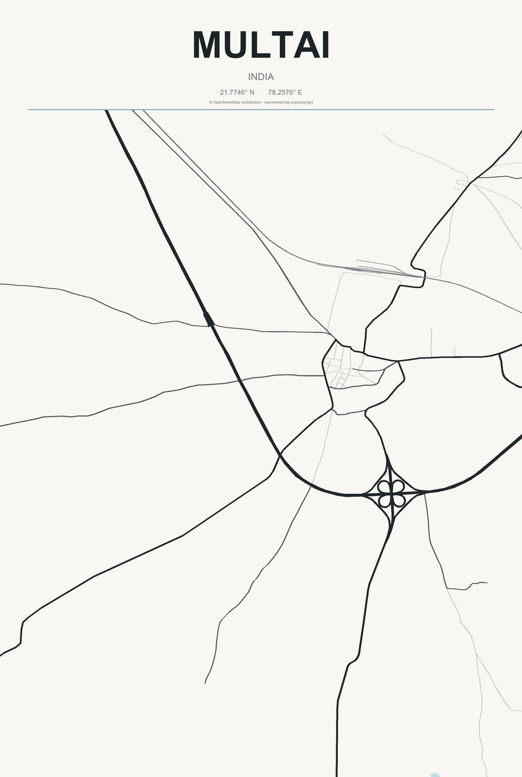 Multai, India City Map Aluminum Sign in Headline Atlas style