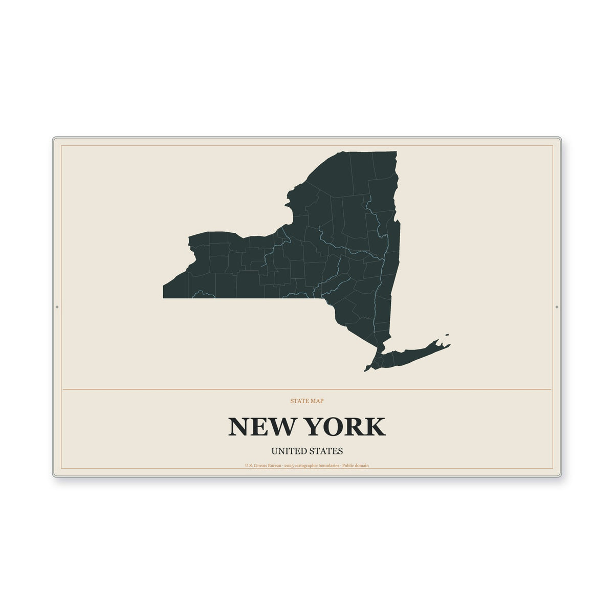 New York state map aluminum sign in Headline Atlas style