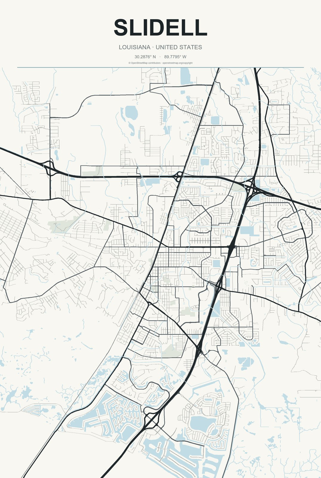 Slidell, Louisiana City Map Aluminum Sign in Headline Atlas style