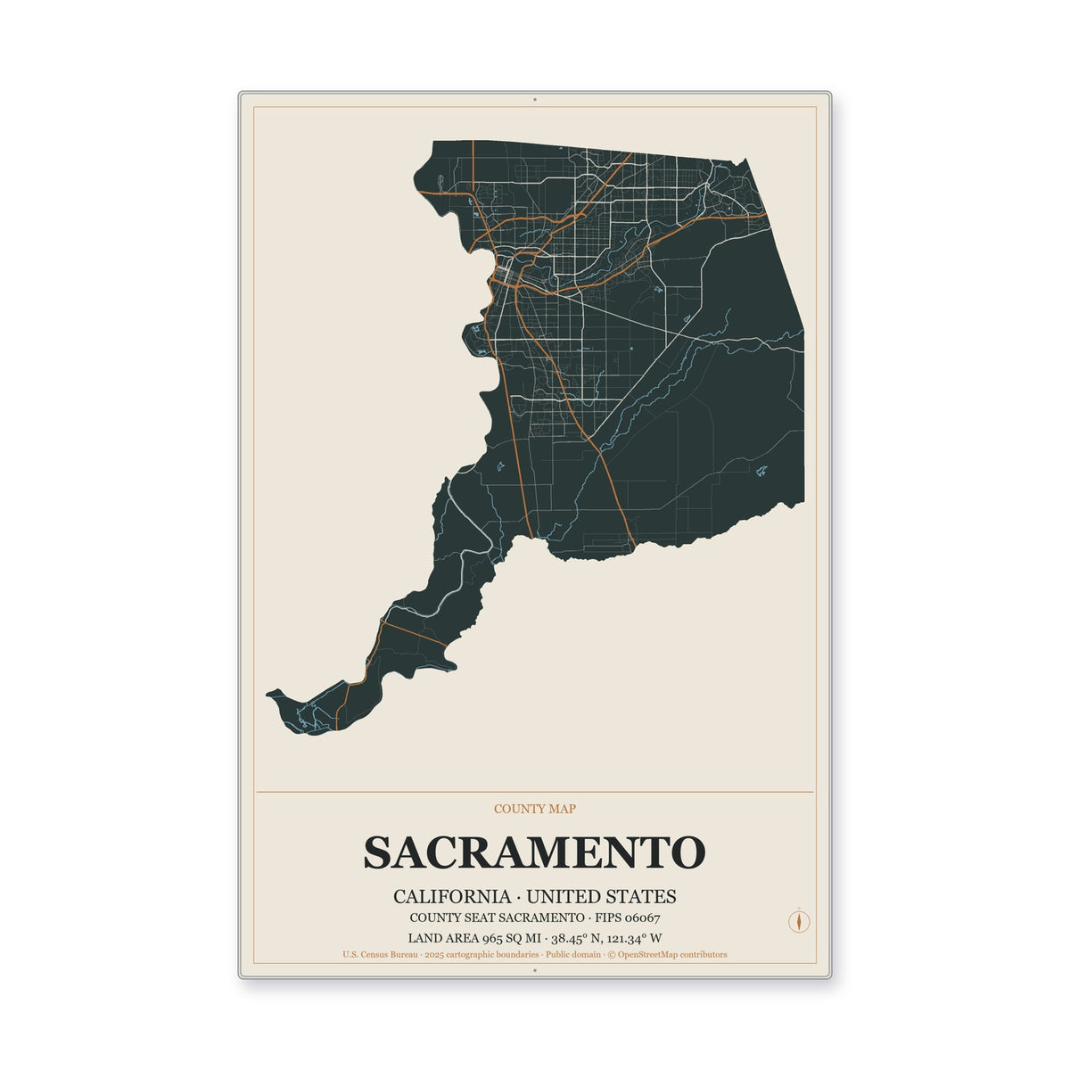 Sacramento County, California Map Aluminum Sign in Headline Atlas style