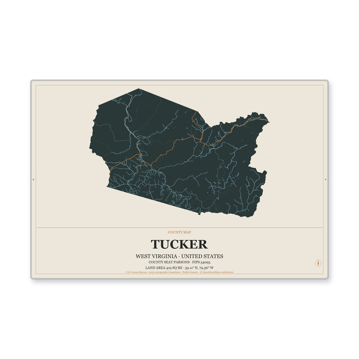 Tucker County, West Virginia Map Aluminum Sign in Headline Atlas style