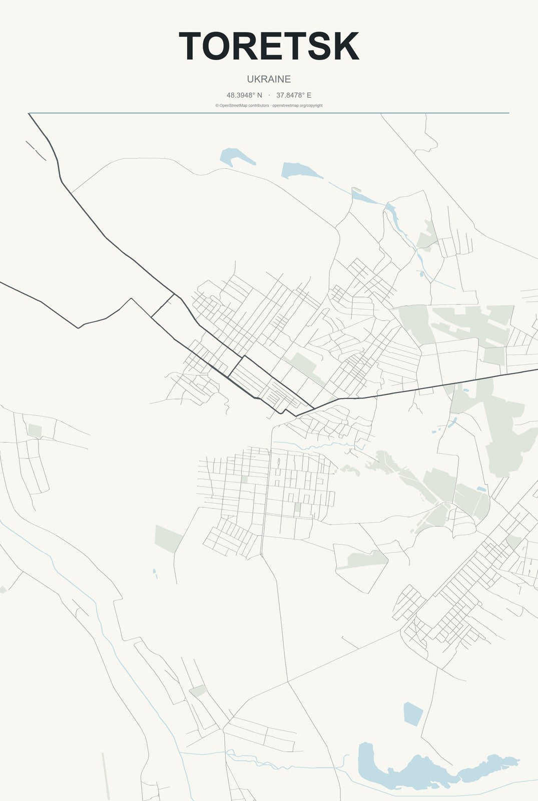 Toretsk, Ukraine City Map Aluminum Sign in Headline Atlas style