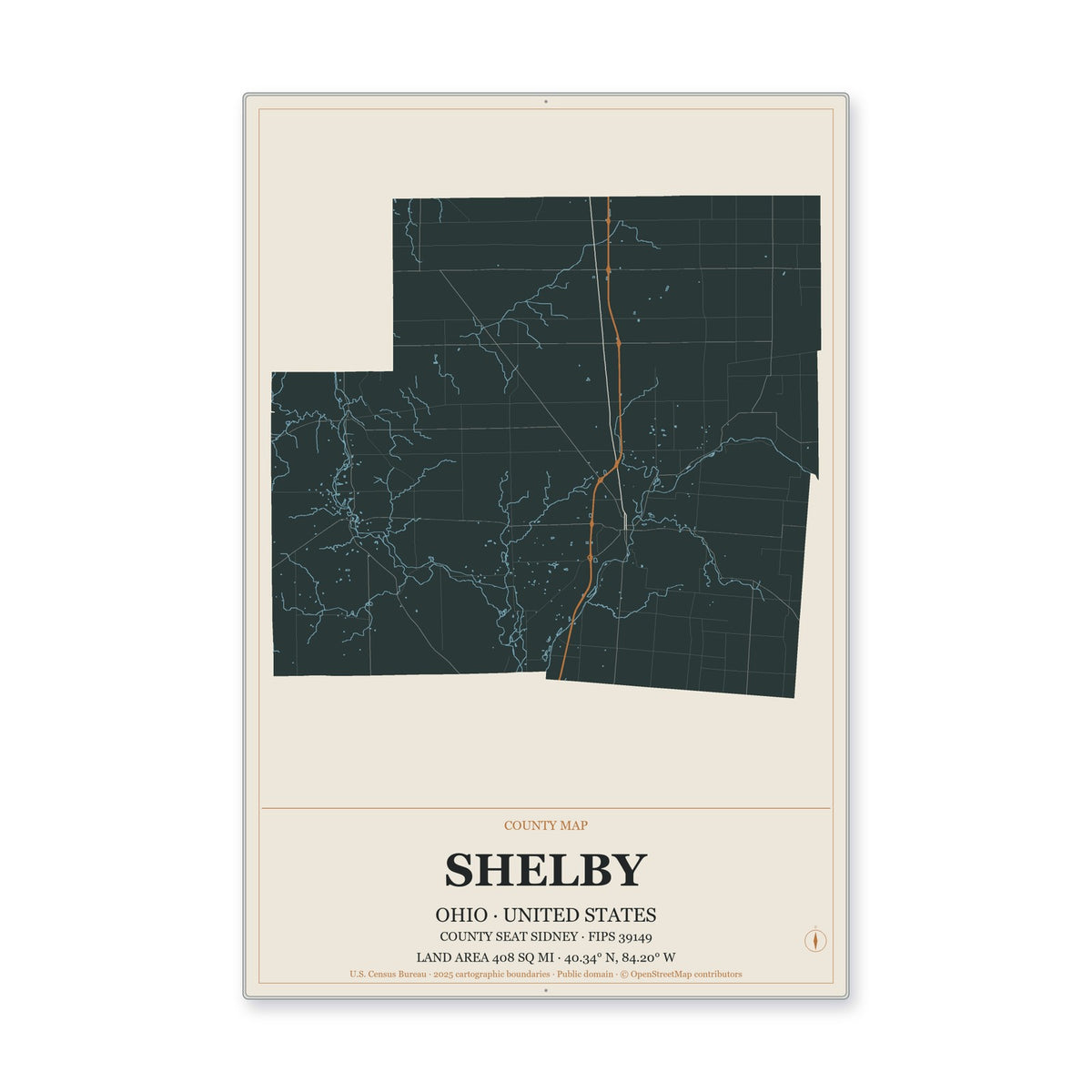 Shelby County, Ohio Map Aluminum Sign in Headline Atlas style