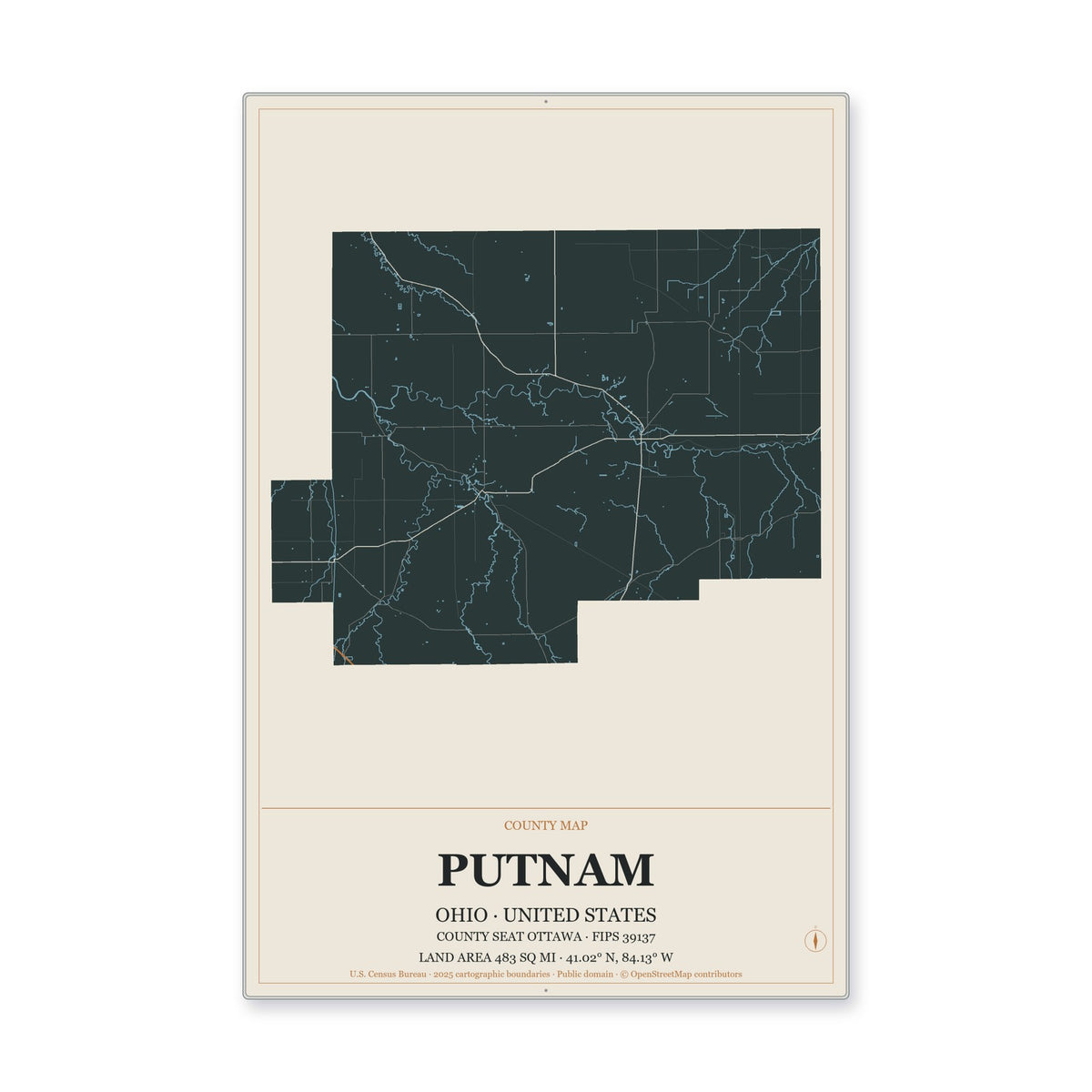 Putnam County, Ohio Map Aluminum Sign in Headline Atlas style