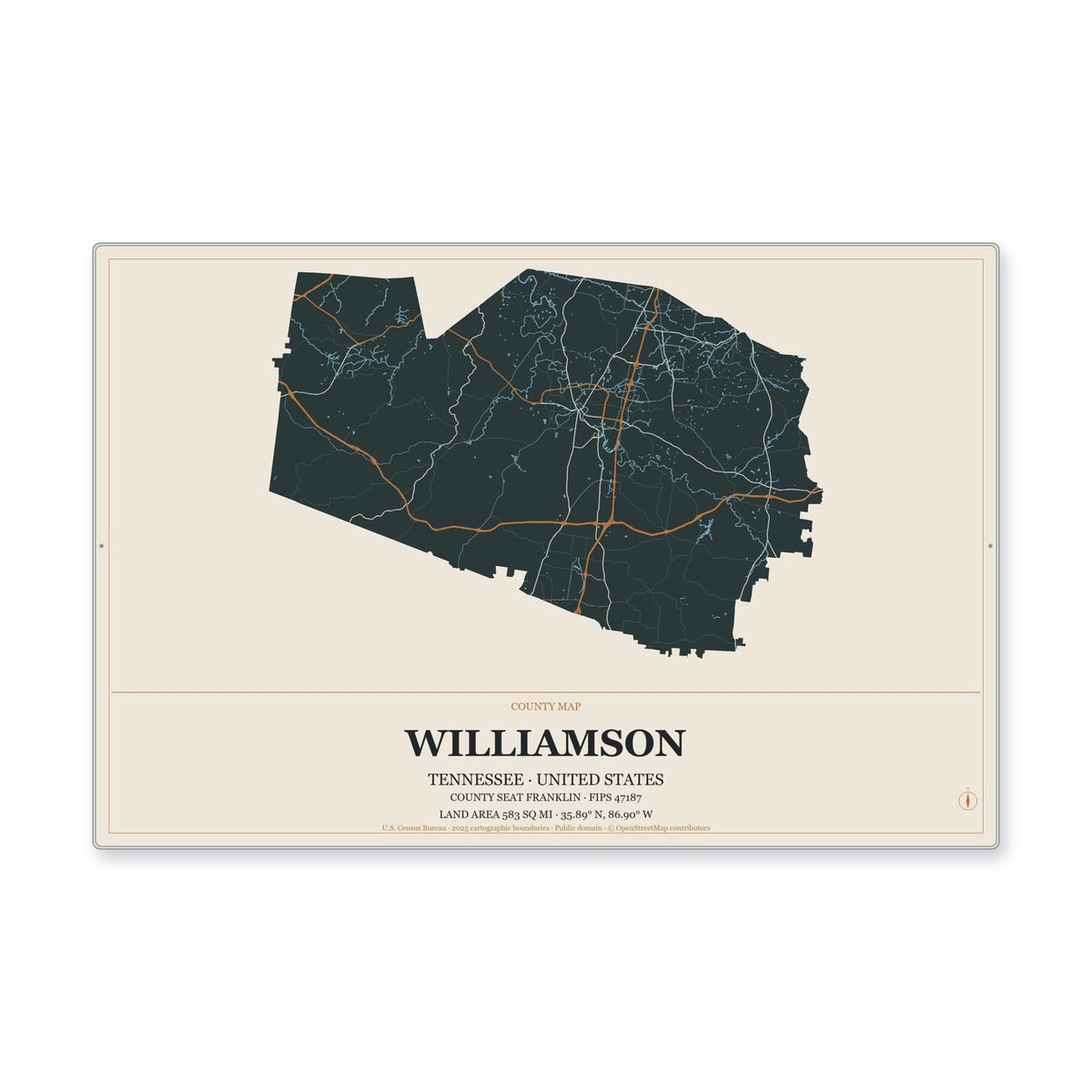 Williamson County, Tennessee Map Aluminum Sign in Headline Atlas style