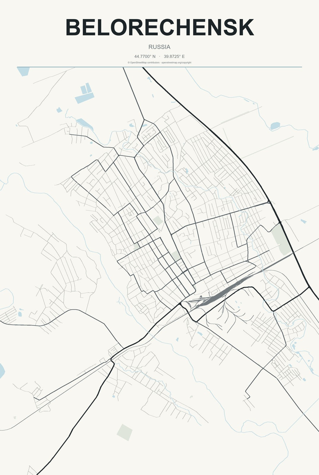 Belorechensk, Russia City Map Aluminum Sign in Headline Atlas style