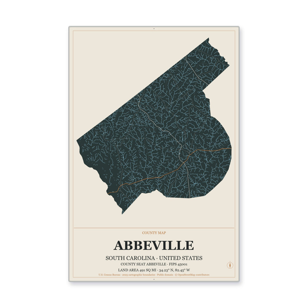 Abbeville County, South Carolina Map Aluminum Sign in Headline Atlas style