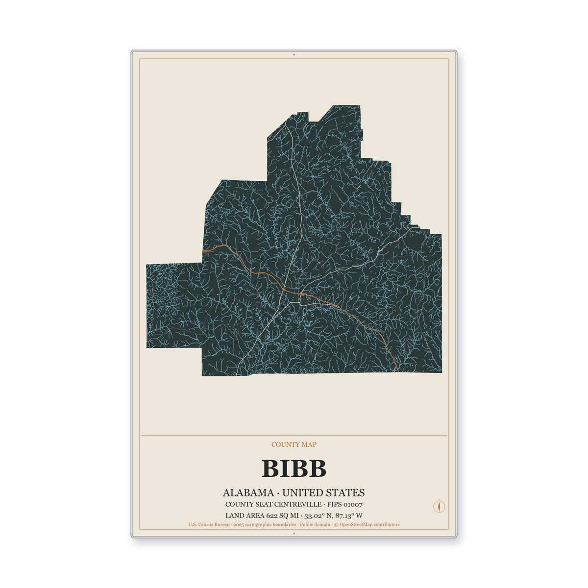 Bibb County, Alabama Map Aluminum Sign in Headline Atlas style