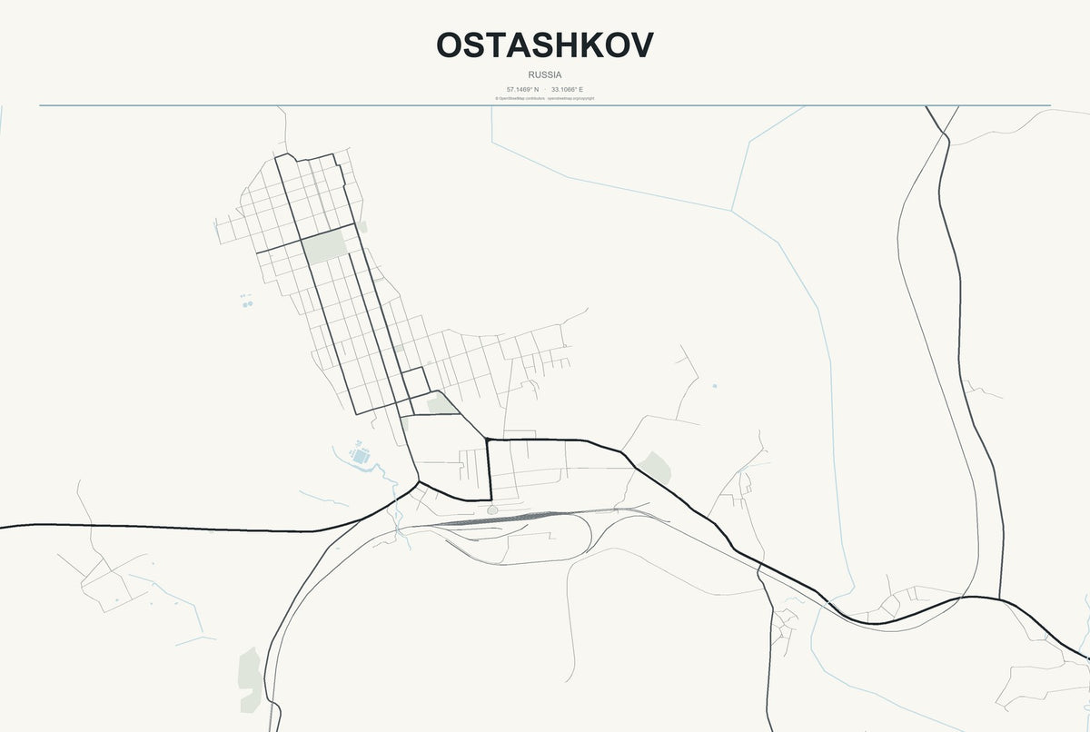 Ostashkov, Russia City Map Aluminum Sign in Headline Atlas style