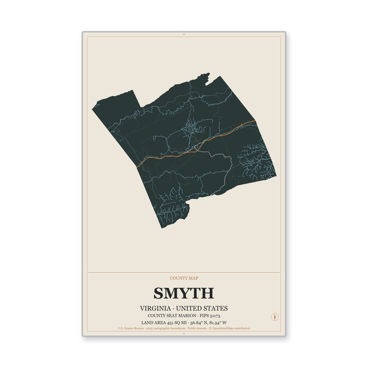 Smyth County, Virginia Map Aluminum Sign in Headline Atlas style