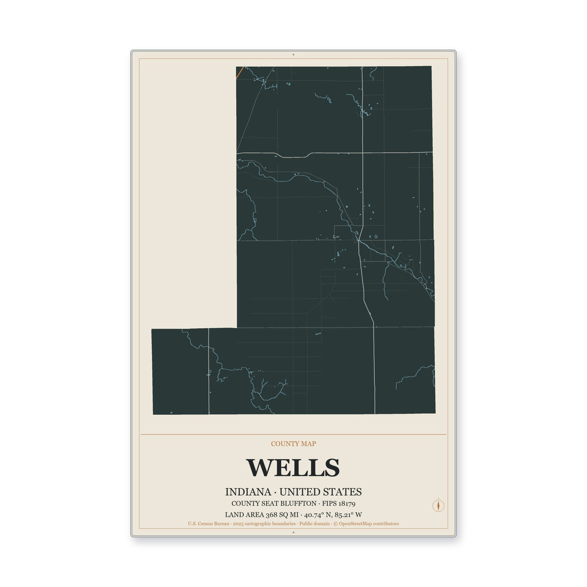 Wells County, Indiana Map Aluminum Sign in Headline Atlas style