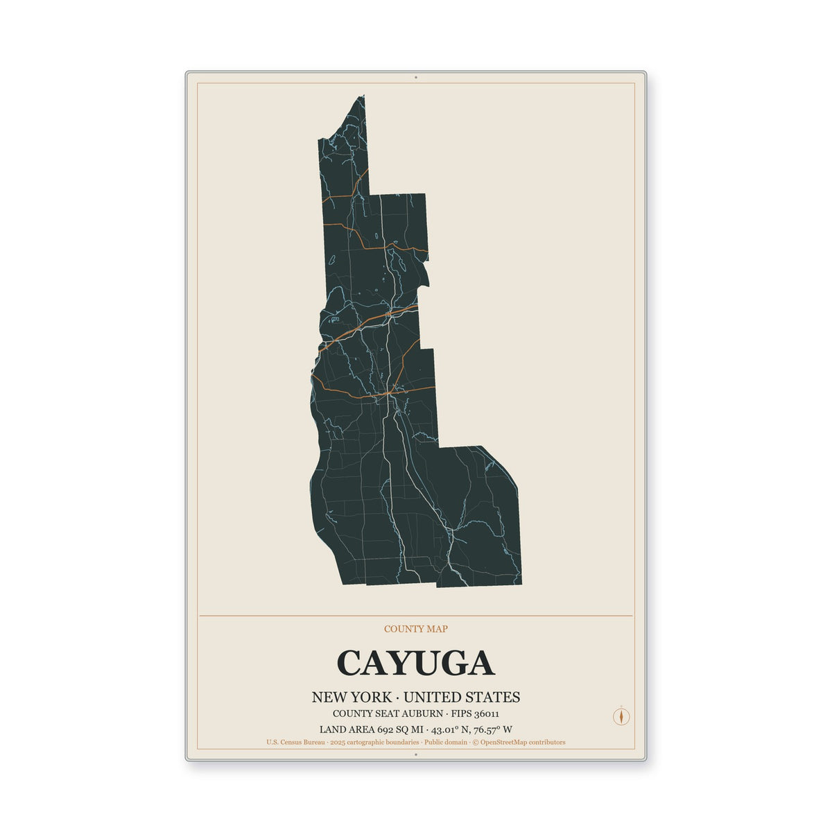 Cayuga County, New York Map Aluminum Sign in Headline Atlas style