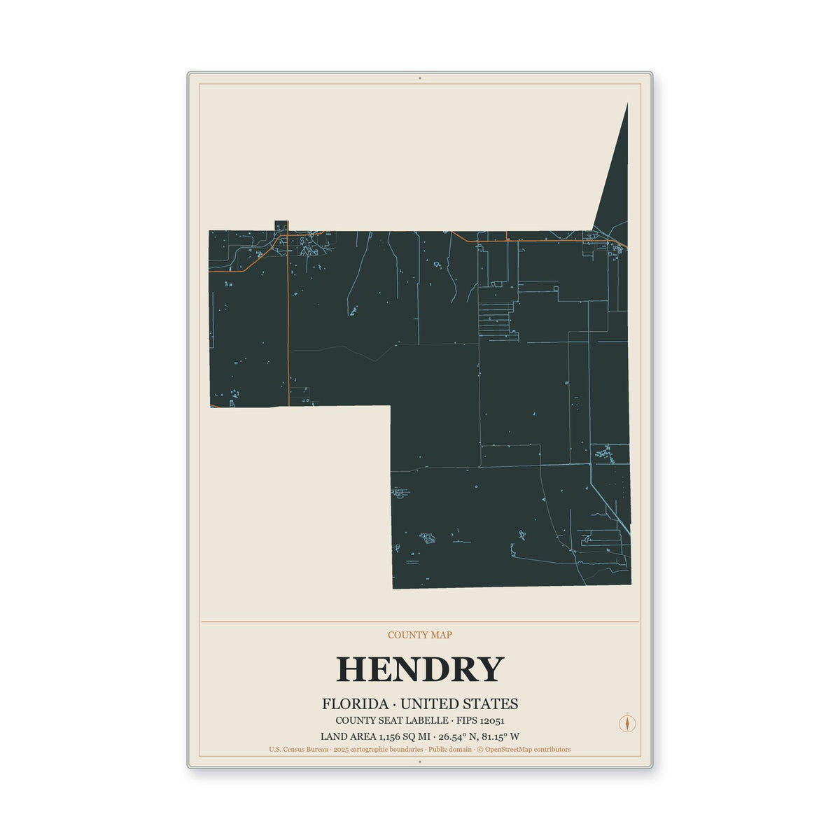 Hendry County, Florida Map Aluminum Sign in Headline Atlas style