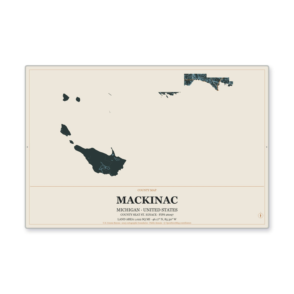 Mackinac County, Michigan Map Aluminum Sign in Headline Atlas style