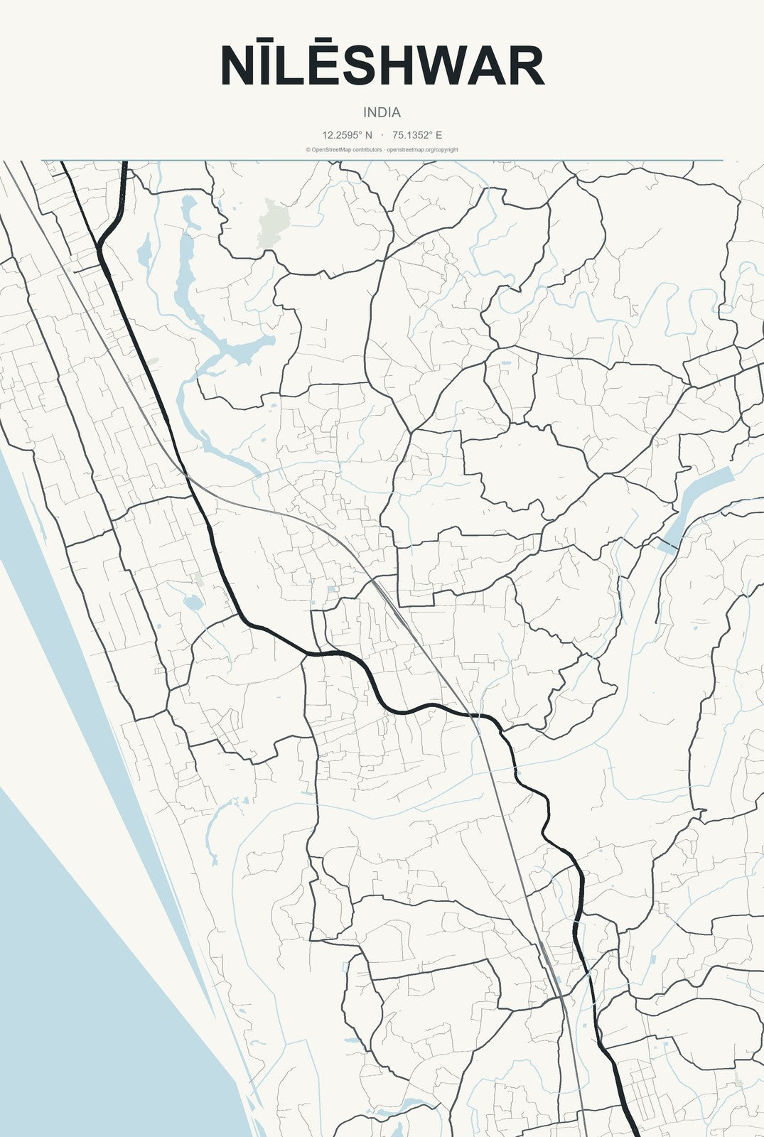 Nīlēshwar, India City Map Aluminum Sign in Headline Atlas style