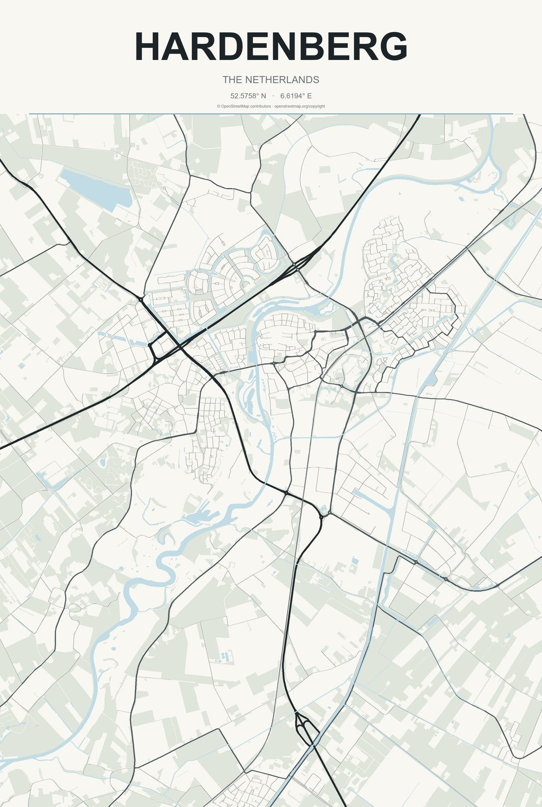 Hardenberg, The Netherlands City Map Aluminum Sign in Headline Atlas style