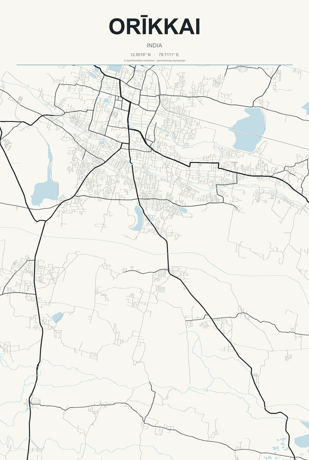 Orīkkai, India City Map Aluminum Sign in Headline Atlas style