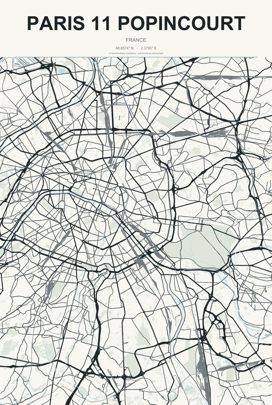 Paris 11 Popincourt, France City Map Aluminum Sign in Headline Atlas style