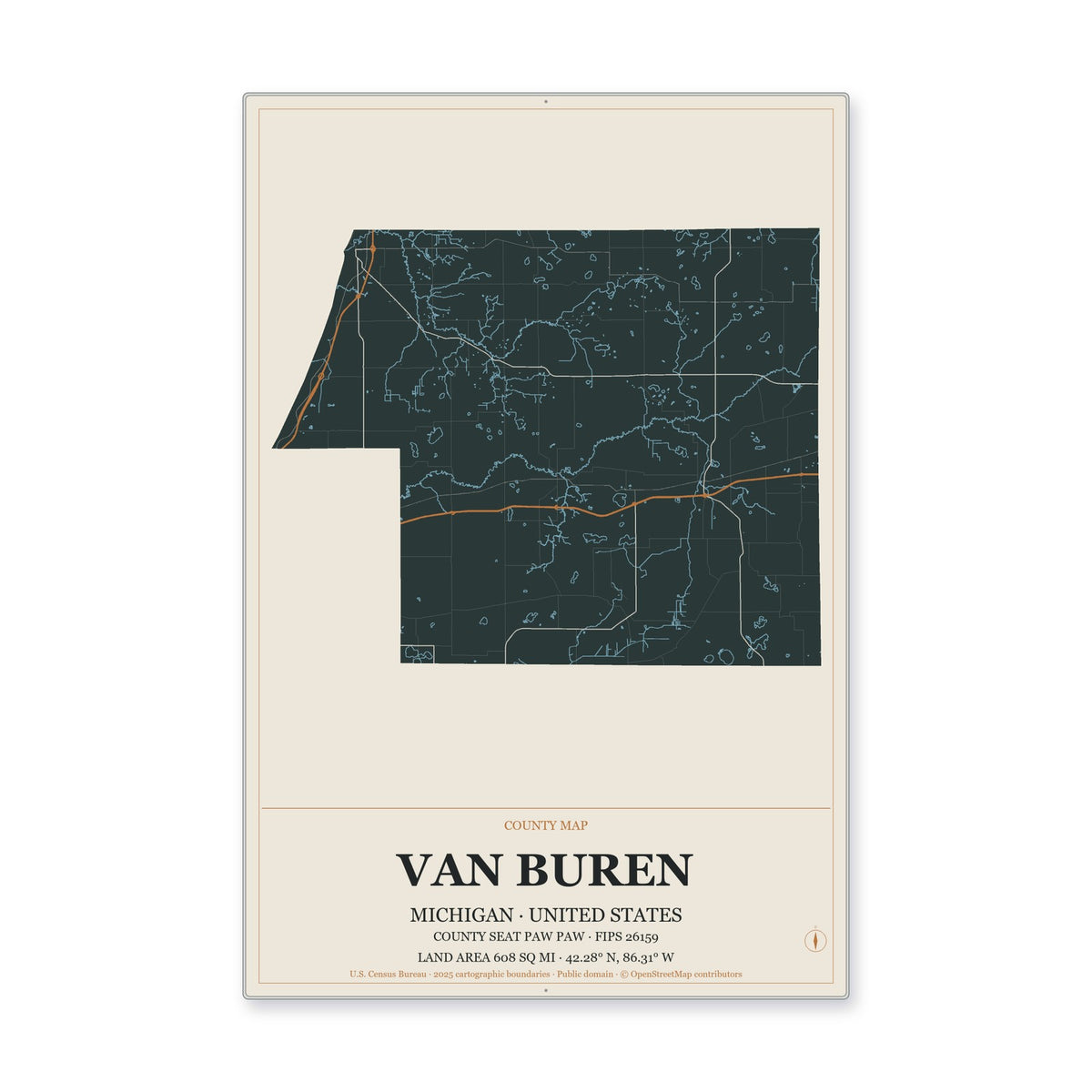 Van Buren County, Michigan Map Aluminum Sign in Headline Atlas style
