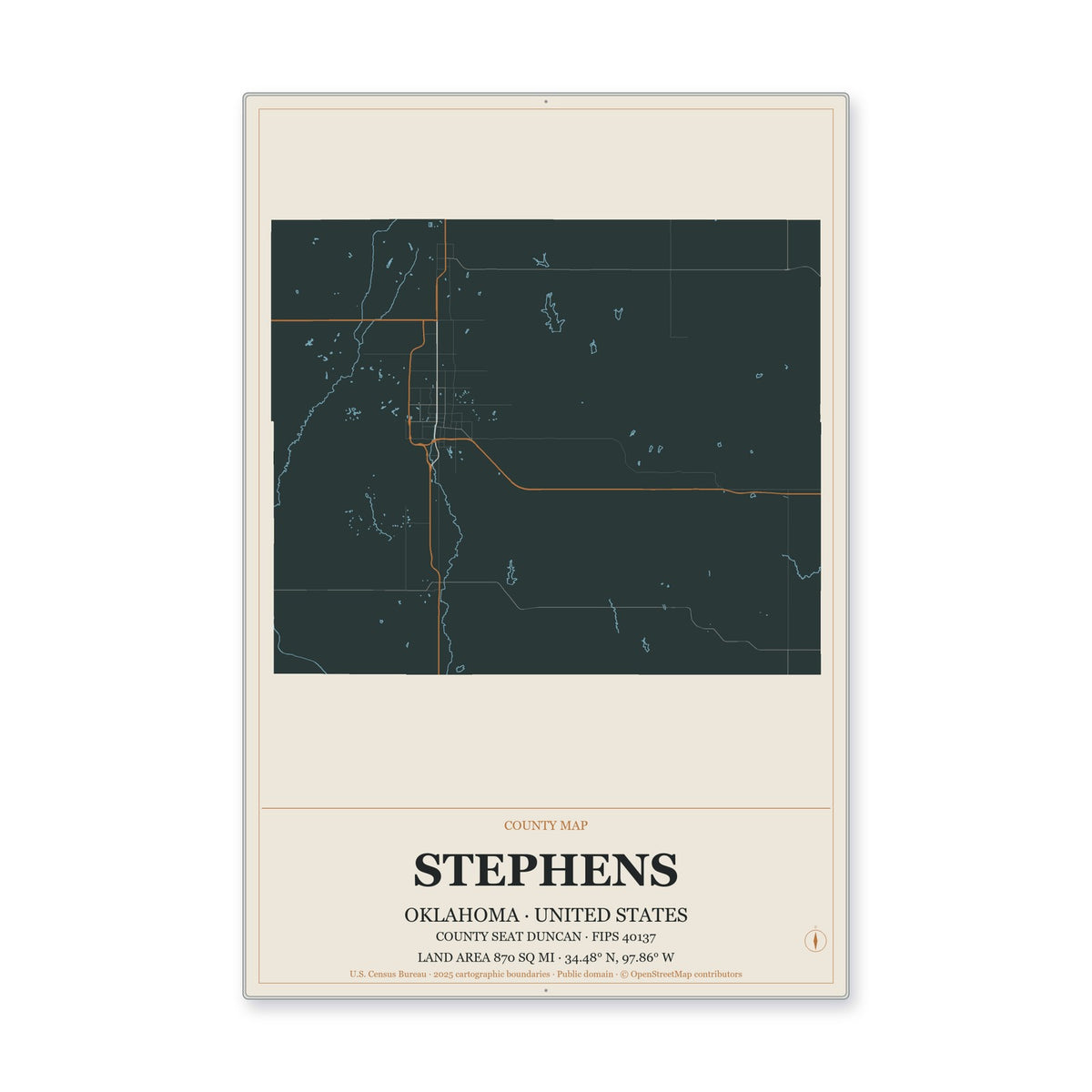Stephens County, Oklahoma Map Aluminum Sign in Headline Atlas style