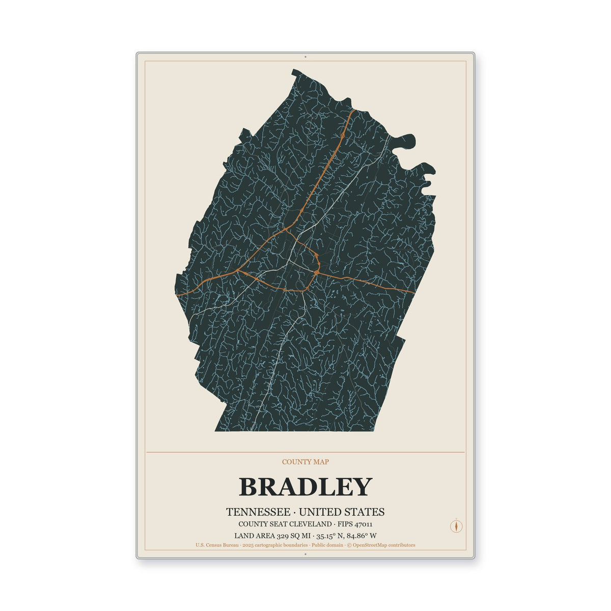 Bradley County, Tennessee Map Aluminum Sign in Headline Atlas style
