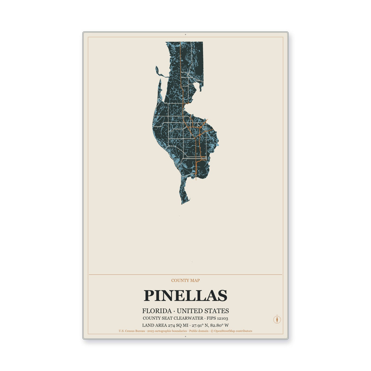 Pinellas County, Florida Map Aluminum Sign in Headline Atlas style
