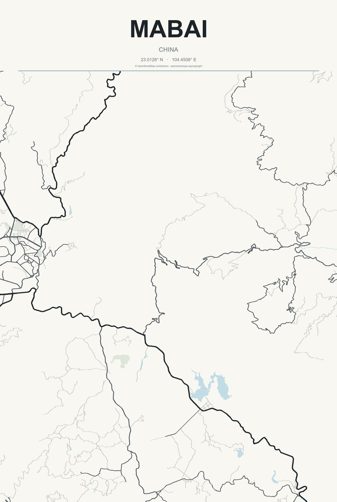 Mabai, China City Map Aluminum Sign in Headline Atlas style