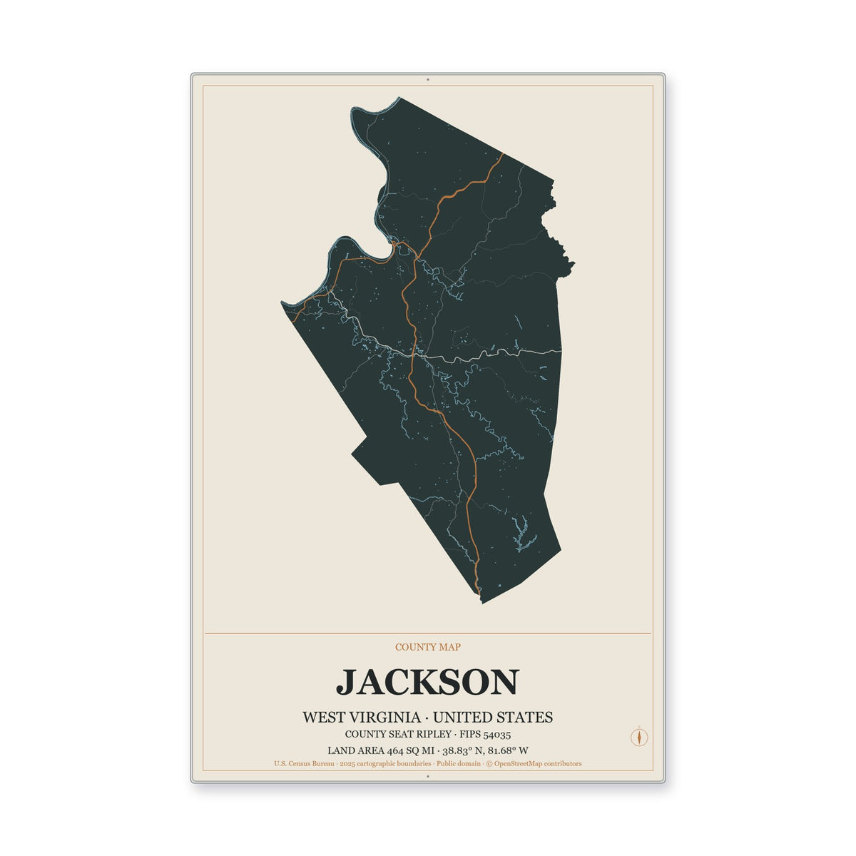 Jackson County, West Virginia Map Aluminum Sign in Headline Atlas style