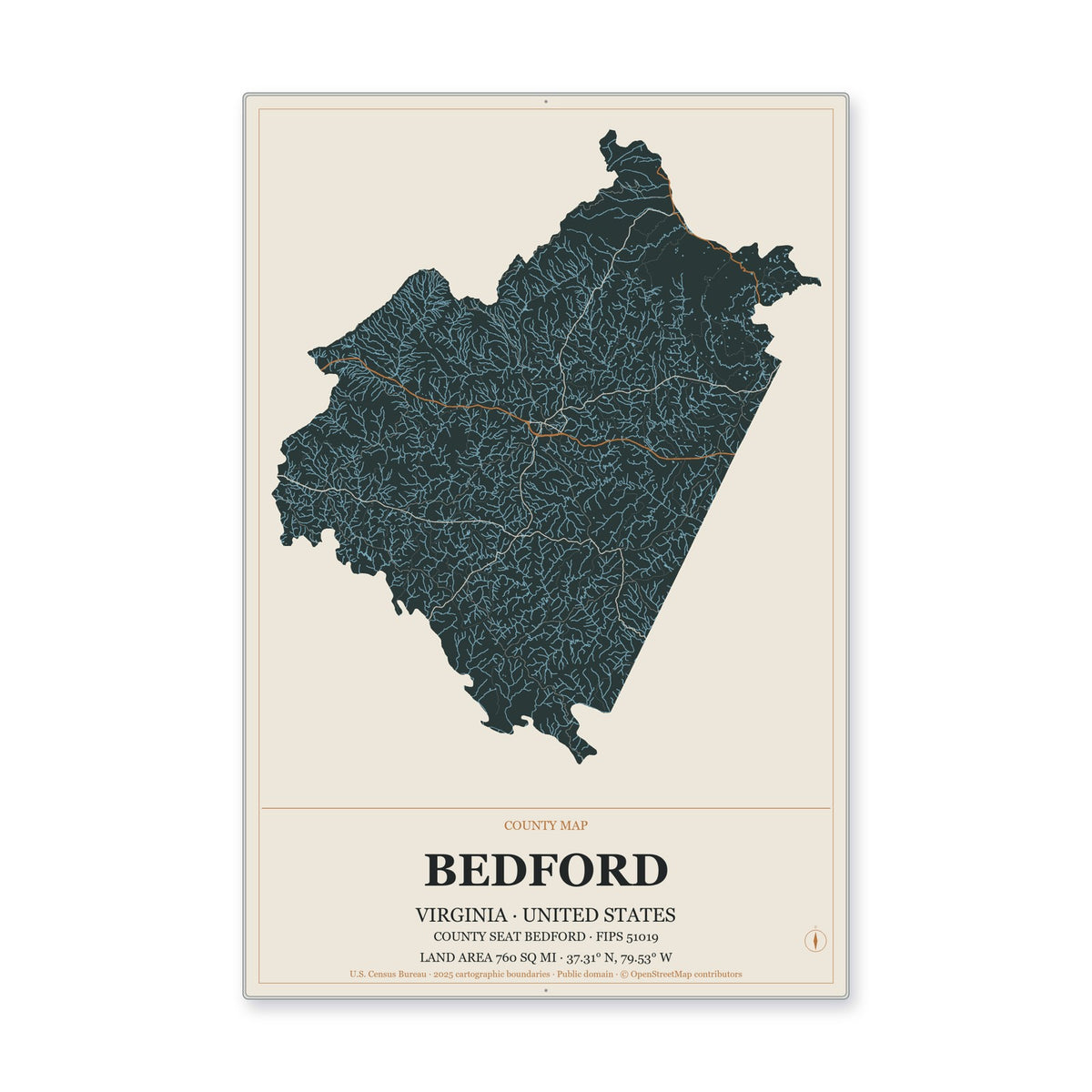 Bedford County, Virginia Map Aluminum Sign in Headline Atlas style