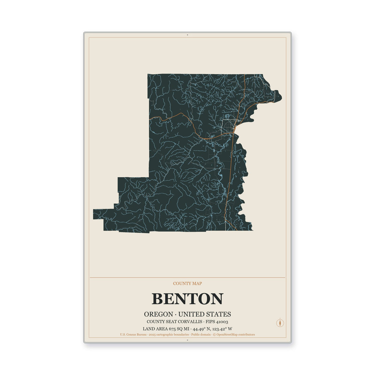Benton County, Oregon Map Aluminum Sign in Headline Atlas style