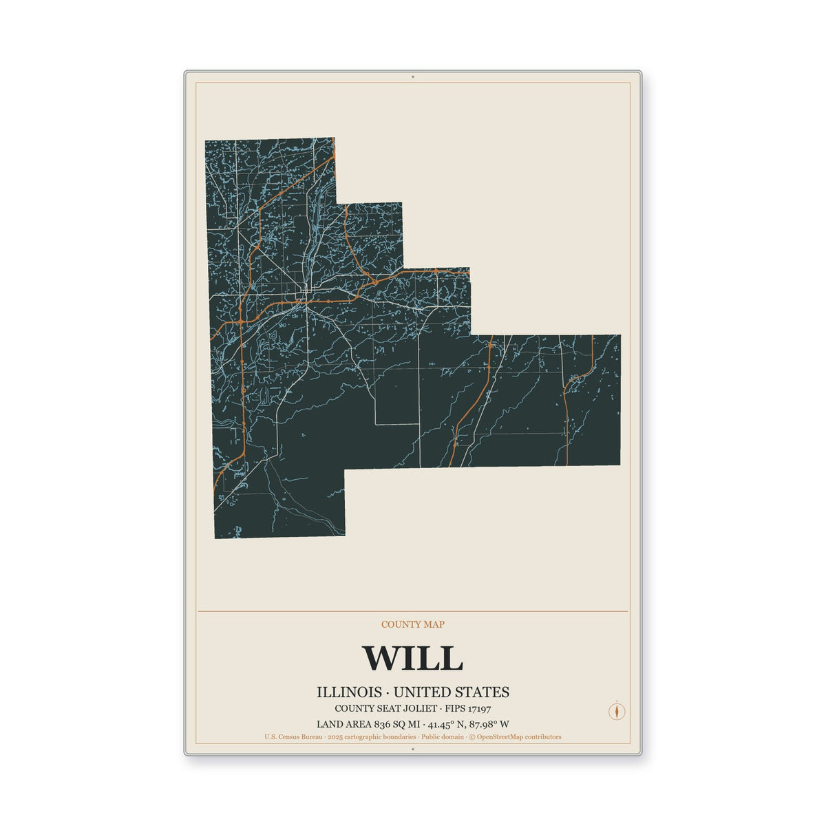 Will County, Illinois Map Aluminum Sign in Headline Atlas style