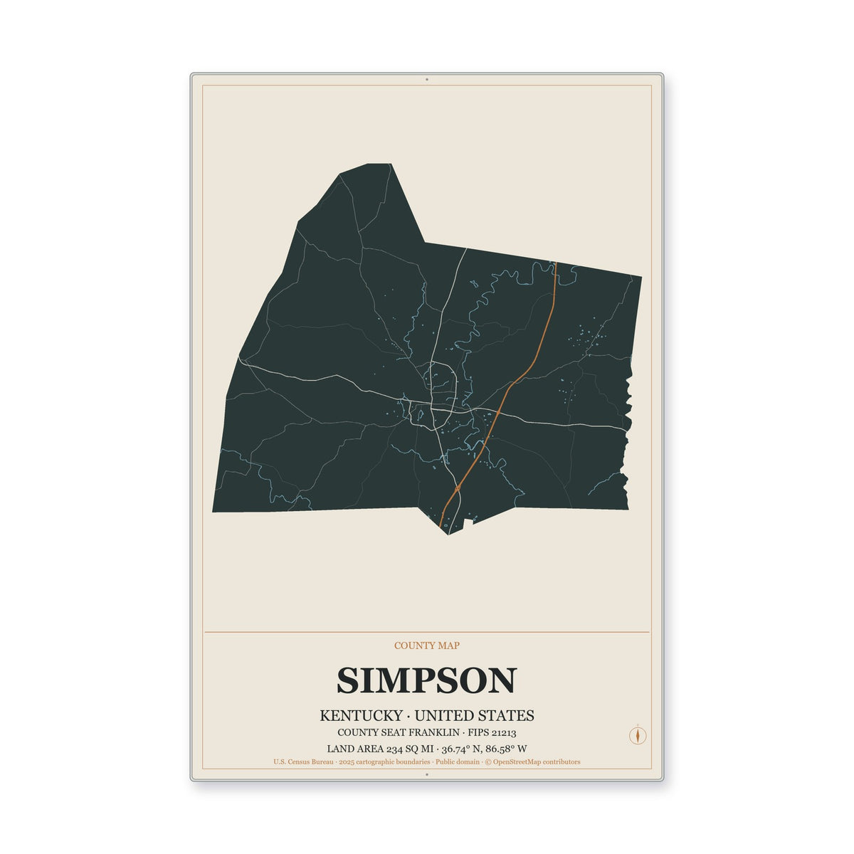 Simpson County, Kentucky Map Aluminum Sign in Headline Atlas style