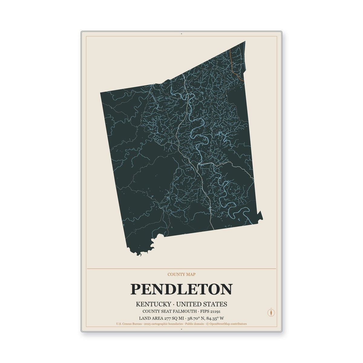 Pendleton County, Kentucky Map Aluminum Sign in Headline Atlas style