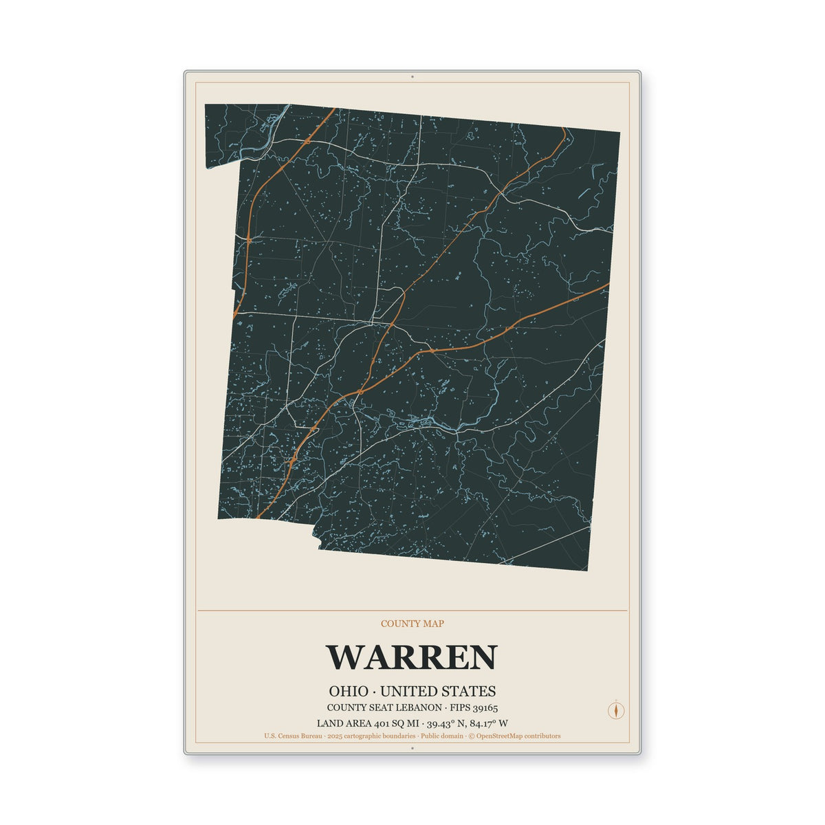 Warren County, Ohio Map Aluminum Sign in Headline Atlas style
