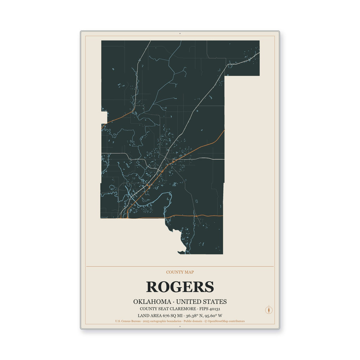 Rogers County, Oklahoma Map Aluminum Sign in Headline Atlas style