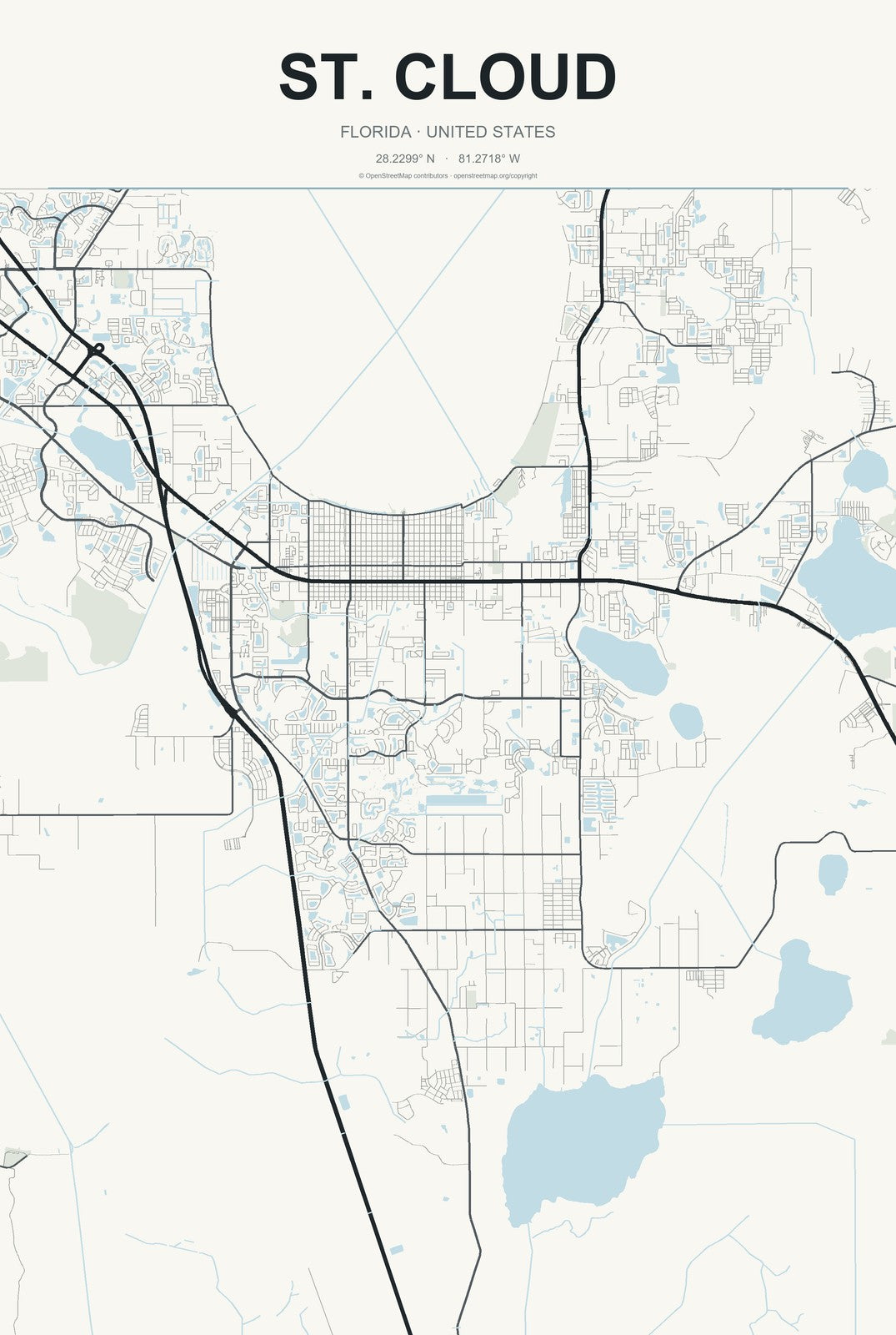 St. Cloud, Florida City Map Aluminum Sign in Headline Atlas style