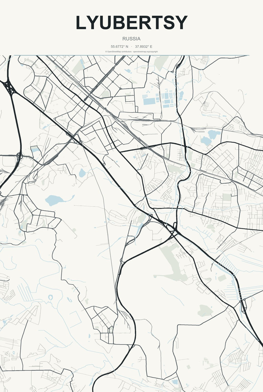 Lyubertsy, Russia City Map Aluminum Sign in Headline Atlas style